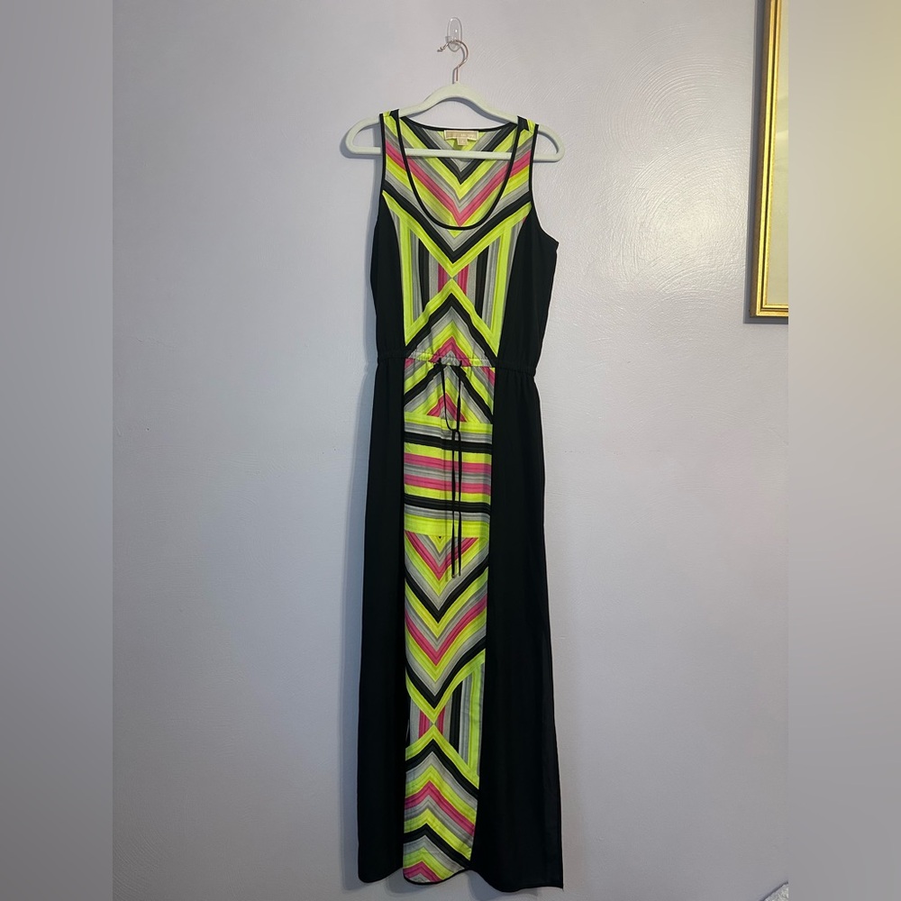 Michael Kors Women’s Black Neon Multicolor Geometric Striped Maxi Dress Size 2